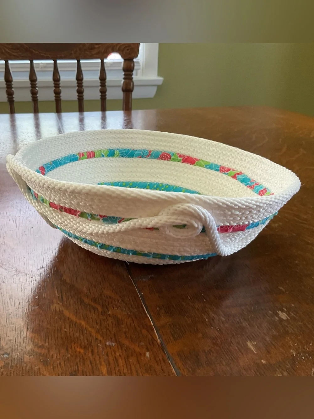 Handmade 9-Inch Coiled Rope Bowl – Bright Floral Fabric Wrap Accent (2.75